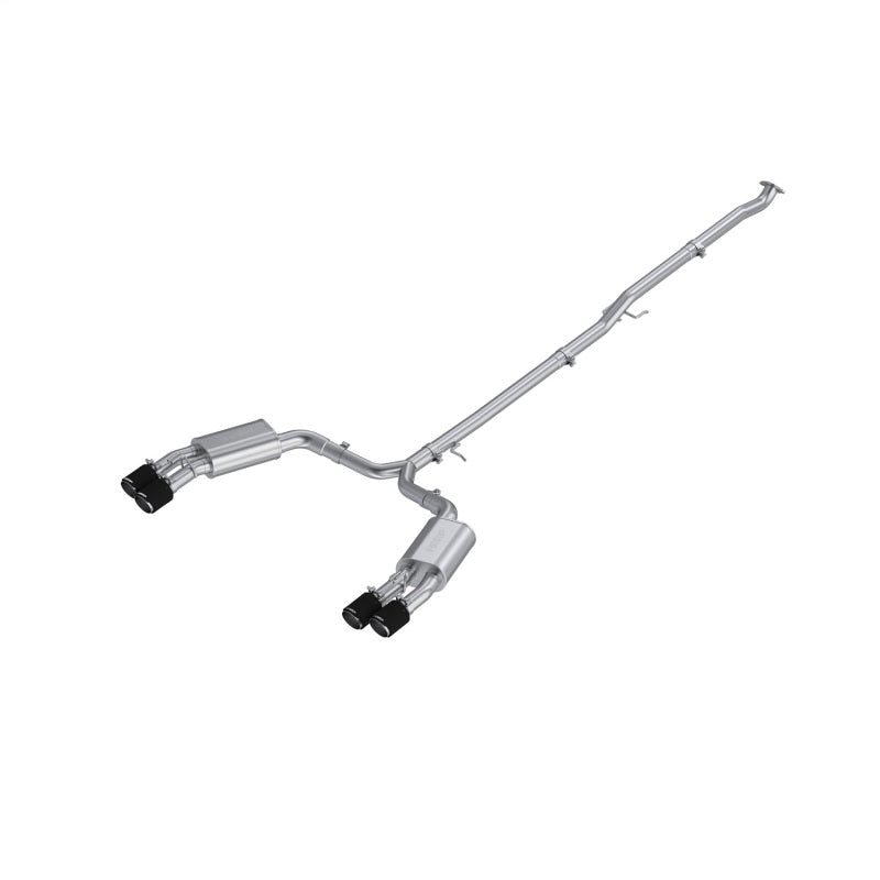 MBRP T304 stainless steel cat-back exhaust for Kia K5 GT featuring quad carbon fiber tips and mandrel-bent piping.