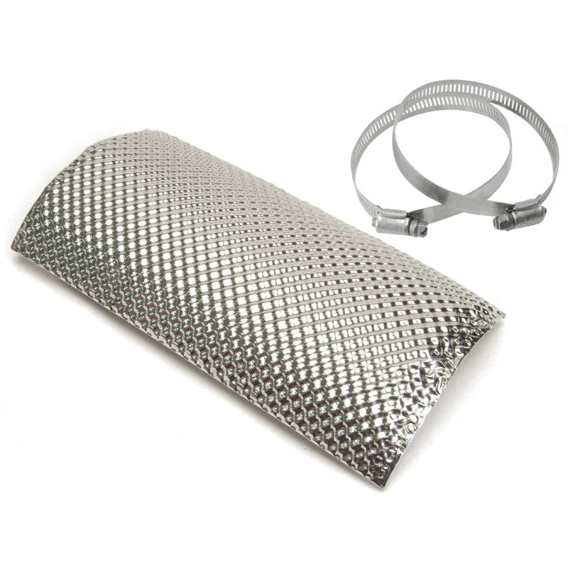 DEI 8.5-inch by 4.5-inch curved 304 stainless steel pipe heat shield with integrated standoffs and mounting clamps.