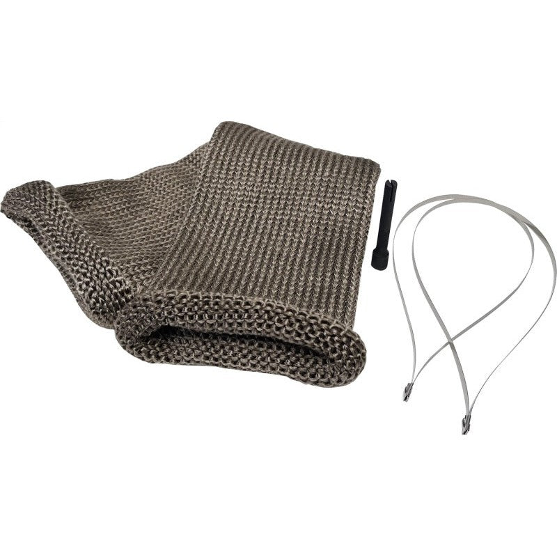 DEI 12-inch Titanium Knit exhaust sleeve for 4-inch tubing shown with stainless steel locking ties and installation tool.