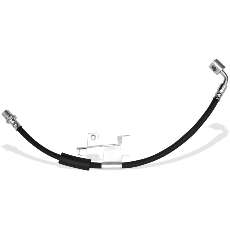 DFC 350-42120 front left brake hose with threaded metal fittings and black rubber tubing for 2018-2024 Jeep Wrangler.