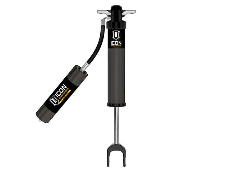 Silver ICON VS 2.0 HD Remote Reservoir shock absorber with black anodized hardware and external reservoir hose.