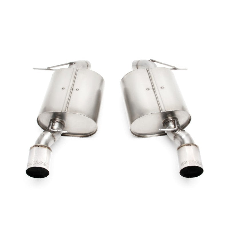 Dinan Freeflow axle-back exhaust system featuring dual 3.5-inch polished stainless steel tips for BMW 335i.