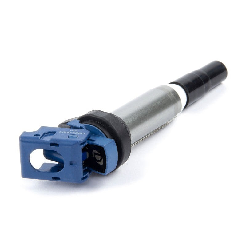 Blue Dinan performance ignition coil for BMW and Mini engines featuring the Dinan logo and factory-style connector.