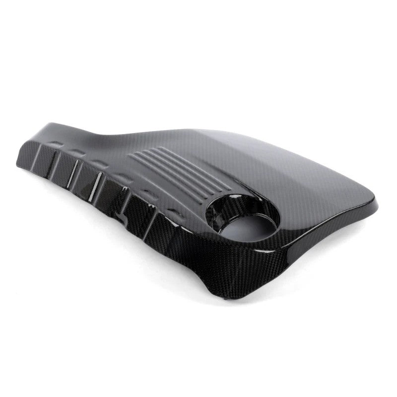Dinan gloss 2x2 twill carbon fiber engine cover for BMW S55 engines including mounting grommets.