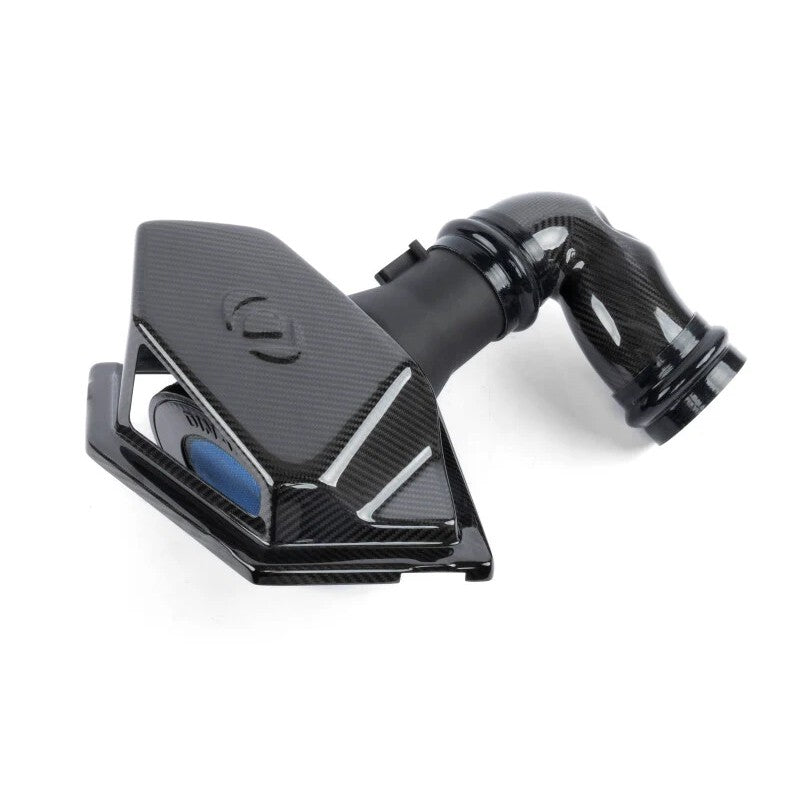Dinan carbon fiber intake tube with high-flow cone filter and enlarged semi-open airbox for BMW B58 engines.