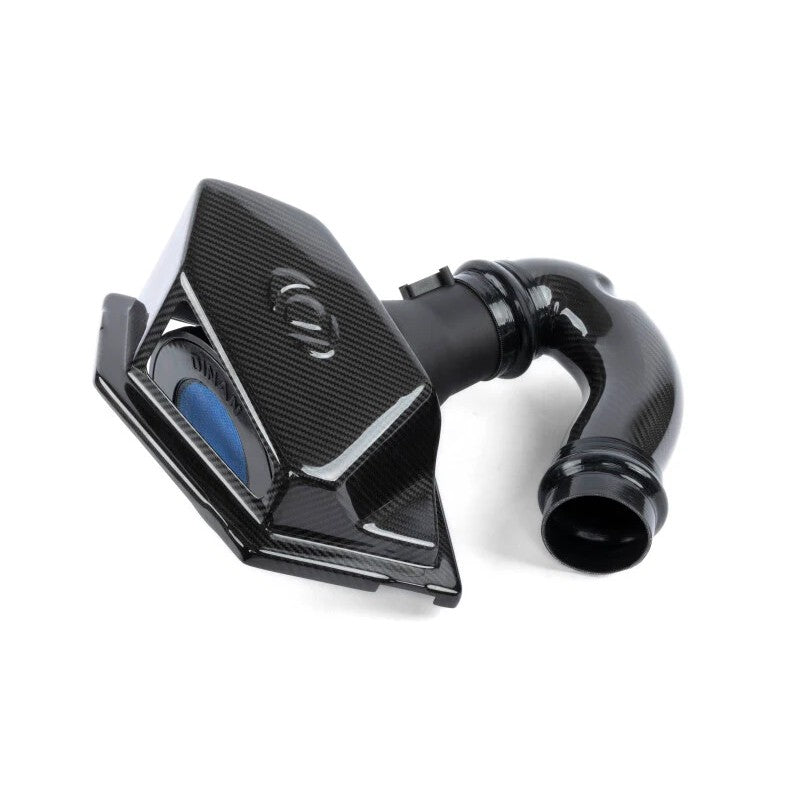 Dinan semi-open carbon fiber cold air intake system with high-flow filter and AMM housing for BMW B46 and B48 engines.