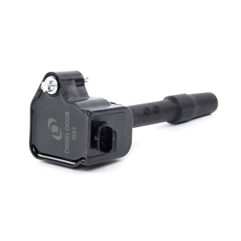 Black Dinan high-output ignition coil D650-0008 featuring the brand logo on the connector housing.