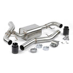 Dinan T304 stainless steel valved axleback exhaust with dual 102mm black ceramic coated tips and laser engraved logo.