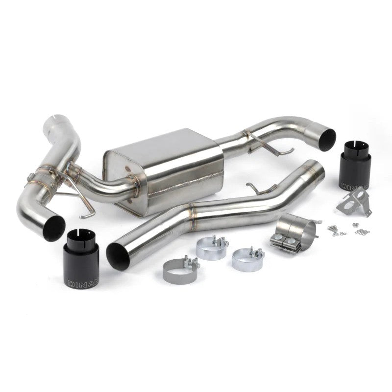 Dinan T304 stainless steel valved axleback exhaust with dual 102mm black ceramic coated tips and laser engraved logo.