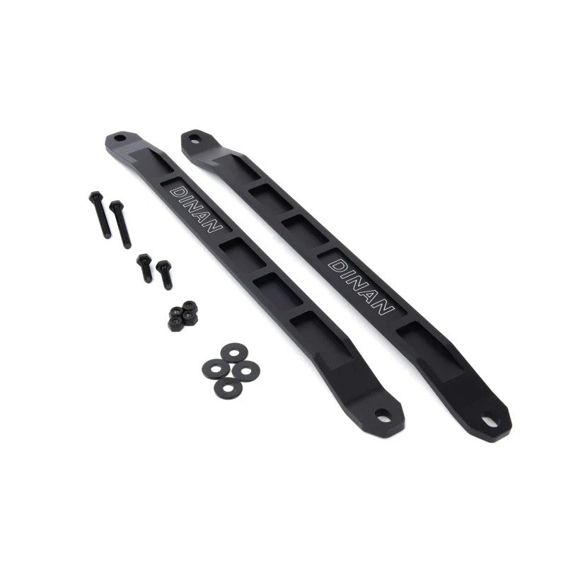 Pair of black anodized billet aluminum Dinan strut tower braces for BMW G20 and G42 chassis.