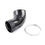 High-gloss carbon fiber turbo inlet pipe with CNC machined aluminum fittings and mounting bracket.