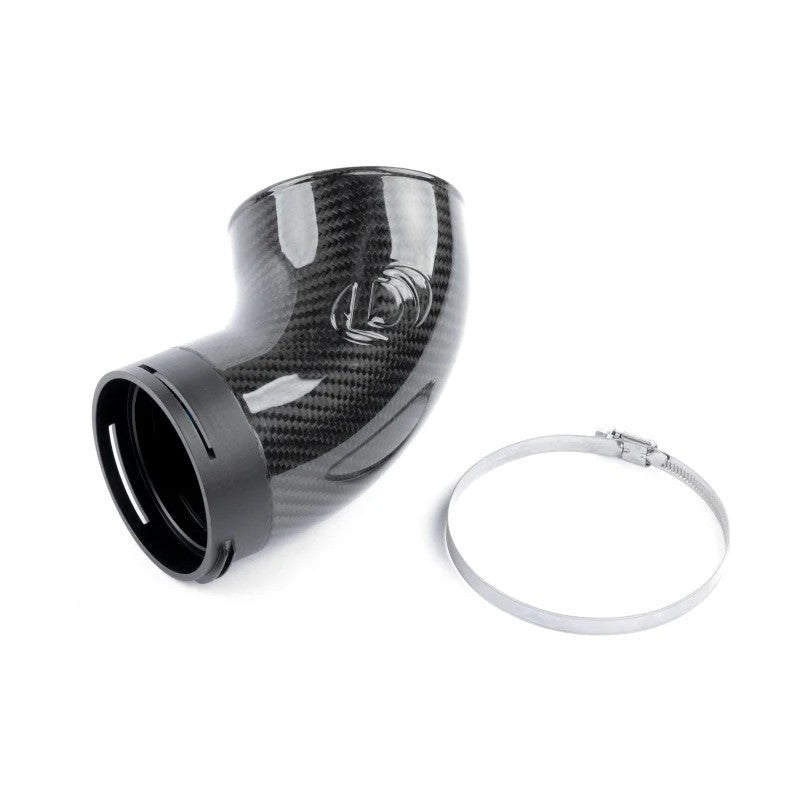 High-gloss carbon fiber turbo inlet pipe with CNC machined aluminum fittings and mounting bracket.