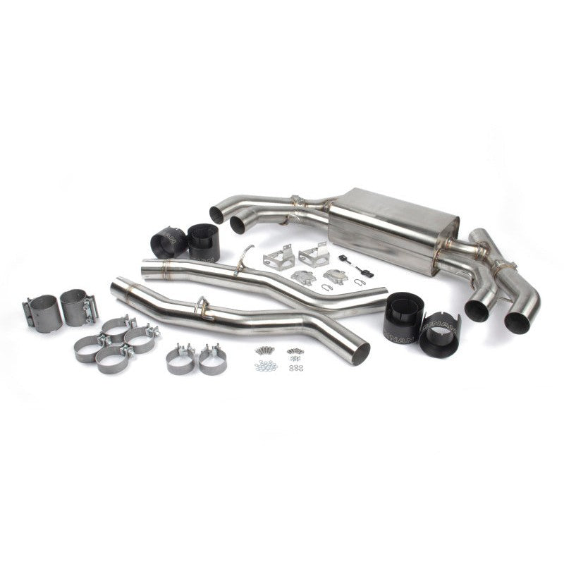 Dinan 304 stainless steel axleback exhaust with quad 4.5 inch black ceramic coated tips and integrated valves