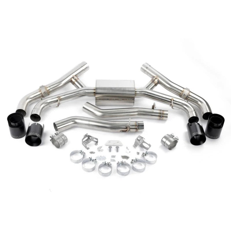 Dinan stainless steel axleback exhaust system with quad black ceramic coated 4.5 inch tips for BMW X5 M and X6 M.