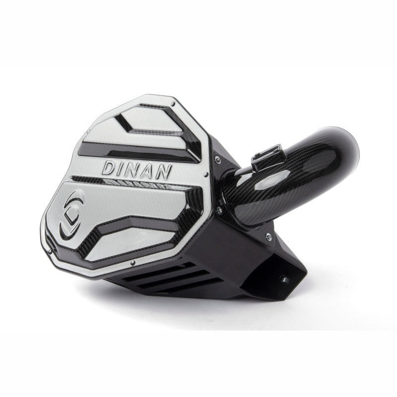 Dinan carbon fiber cold air intake system including high-flow filter, carbon fiber lid, and carbon fiber intake tube.