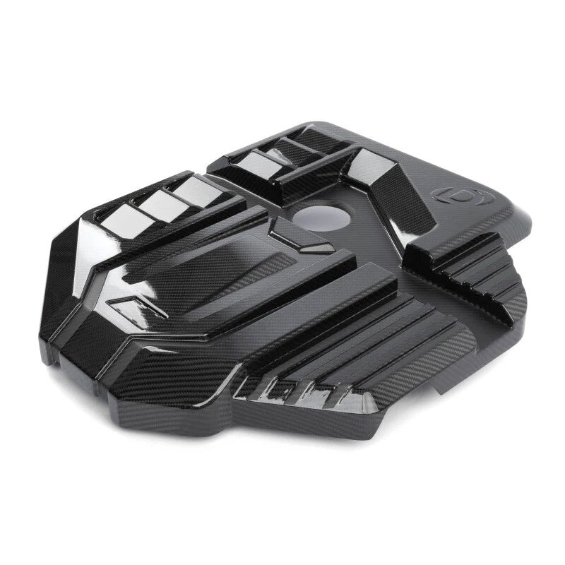 Dinan S58 engine cover in 2x2 gloss and matte carbon fiber for BMW G8x M2, M3, and M4 models.