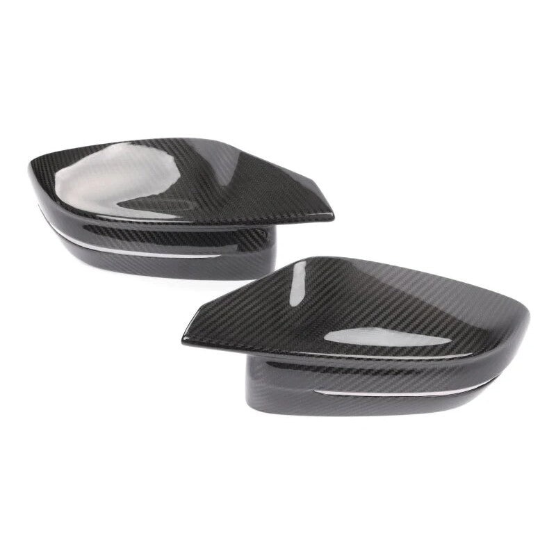 Gloss finish 2x2 twill carbon fiber mirror cap overlays for G8x BMW M2, M3, and M4 models