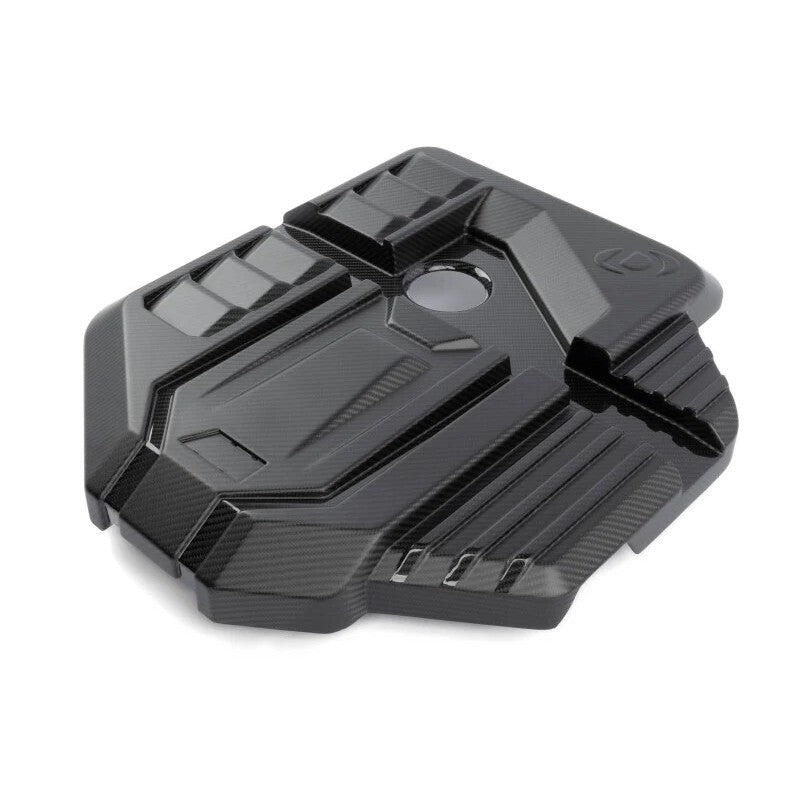 Dinan matte and gloss 2x2 twill carbon fiber engine cover for BMW G8x M2, M3, and M4 models.