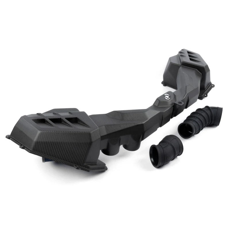 Dinan carbon fiber cold air intake system with enlarged plenum and dual airboxes for BMW G8X S58 engines.