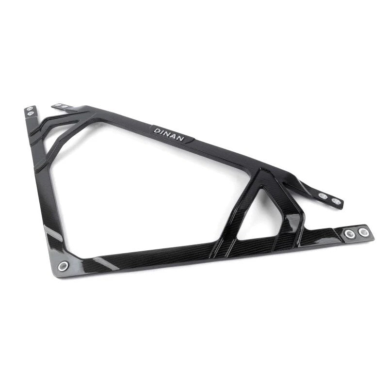 Dinan 2x2 twill carbon fiber strut tower brace with aluminum mounting points for BMW G8X M2, M3, and M4.