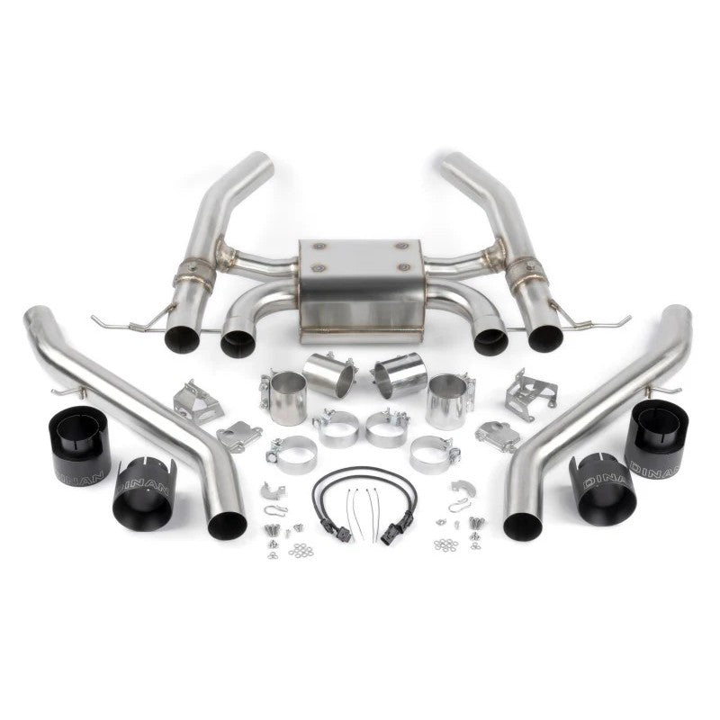 Dinan Freeflow axleback exhaust system with quad 4.5-inch black ceramic coated tips for 2021-2026 BMW M3 and M4.