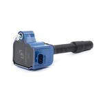 Blue Dinan B-Series style ignition coil with white Dinan logo on the side of the housing.