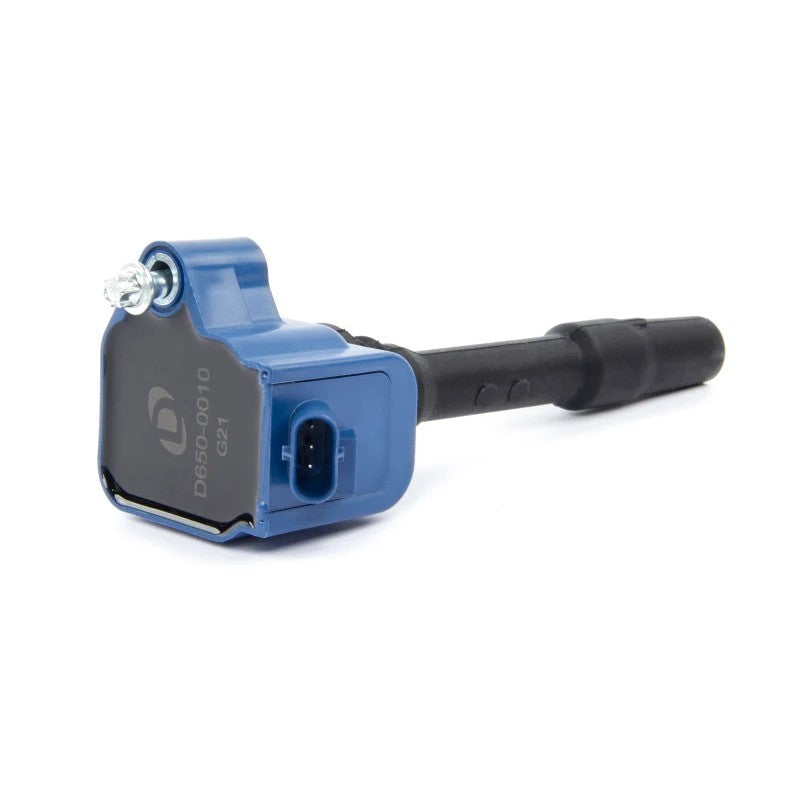 Blue Dinan B-Series style ignition coil with white Dinan logo on the side of the housing.