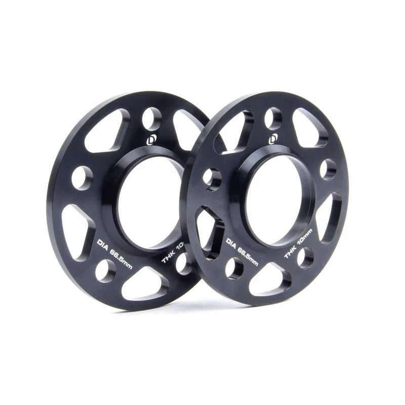 Pair of black anodized CNC-machined aluminum 10mm wheel spacers with 5x112 bolt pattern and 66.5mm hub bore.