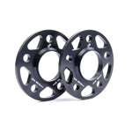 Pair of black anodized CNC-machined aluminum 10mm wheel spacers with 5x112 bolt pattern and 66.5mm hub bore.