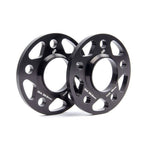 Pair of black anodized Dinan 12mm hub-centric wheel spacers with 5x112 bolt pattern and 66.5mm center bore.