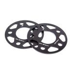 Set of two Dinan 5mm black anodized aluminum wheel spacers with 5x112 bolt pattern and 66.5mm center bore.