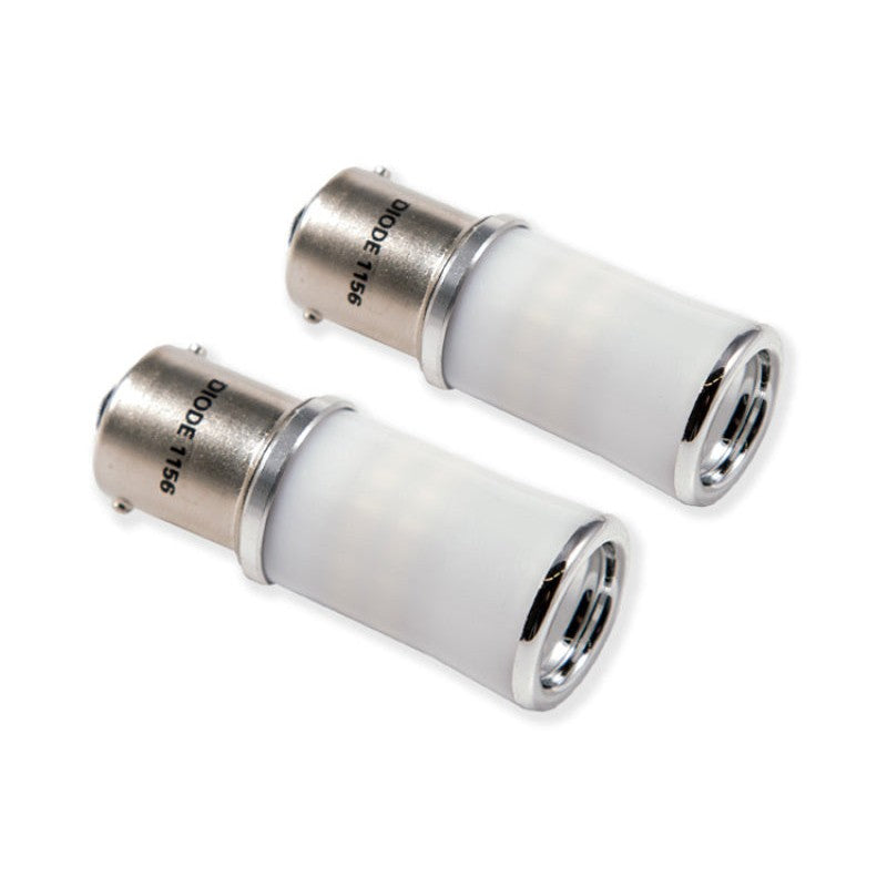 Pair of Diode Dynamics 1156 HP48 LED bulbs with amber chips and a diffused white cover for omnidirectional output.