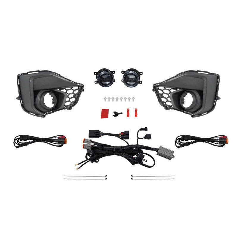 White Diode Dynamics Elite Series fog lamp kit with custom bezels and amber backlighting for 2024-2026 Ford Mustang.
