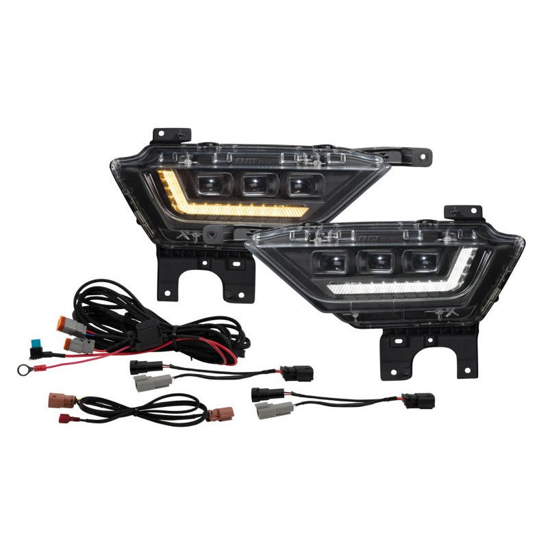 Diode Dynamics Elite Series white LED fog lamp housing featuring triple rectangular projectors and integrated light blade.