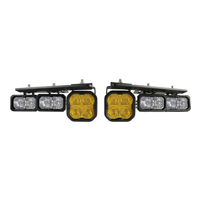 Six yellow Diode Dynamics LED pods with vehicle-specific mounting brackets for the 2021-2025 Ford Bronco.