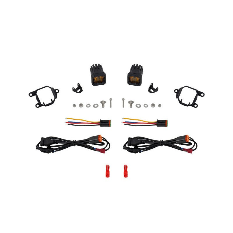 Diode Dynamics SSC1 LED fog light pair with custom mounting brackets and wiring adapters for 2025 Outlander PHEV.