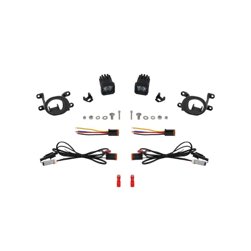 Diode Dynamics SSC1 White SAE LED Fog Light Kit with 3D-printed Type BM mounting brackets and amber backlight.