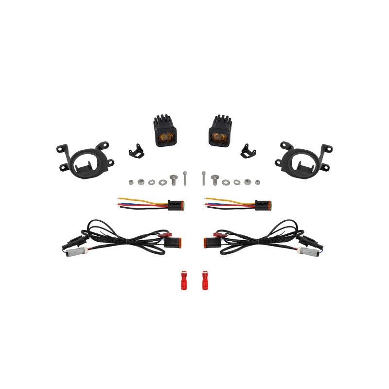 Yellow Diode Dynamics SSC1 Stage Series LED fog light pods with black 3D-printed brackets and plug-and-play wiring adapters.