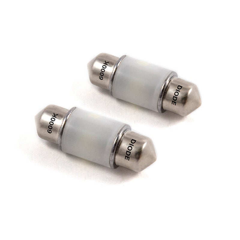 A pair of Diode Dynamics 31mm HP6 LED festoon bulbs featuring frosted covers and metal terminals.