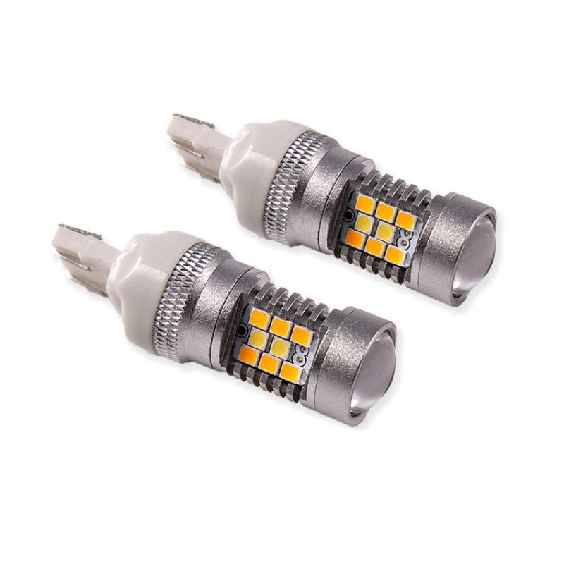 Diode Dynamics HP24 7443 LED switchback bulbs featuring Samsung chips and aluminum heat-sinking housing.