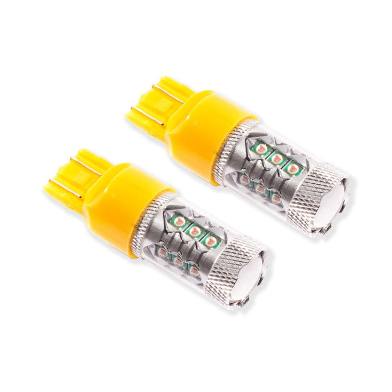 Pair of Diode Dynamics XP80 7443 amber LED bulbs featuring an aluminum heatsink and 16 high-power LED chips.
