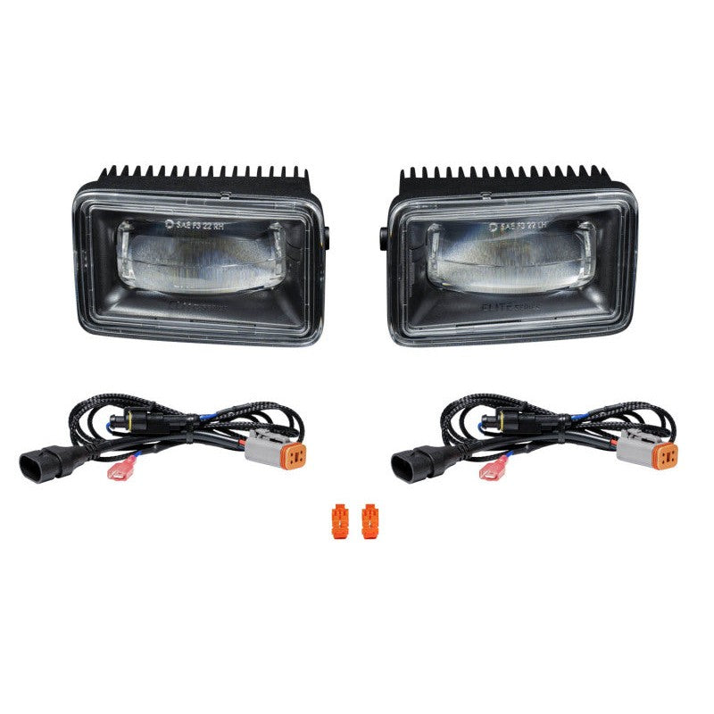 Diode Dynamics Elite Series Type F2 White Fog Lamp pair featuring custom optics and integrated amber backlight accent.