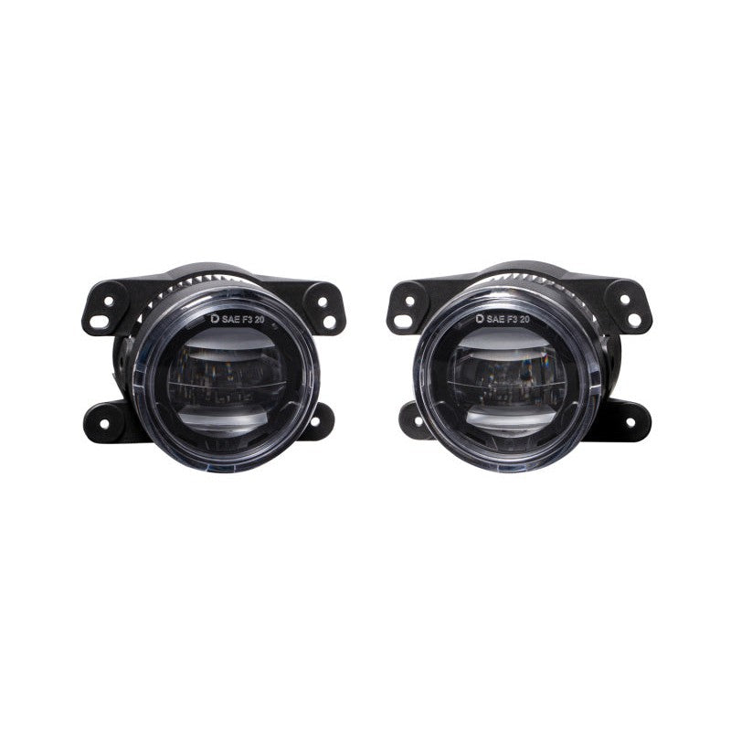 Pair of Diode Dynamics Elite Series Type M white LED fog lamps featuring custom optics and integrated amber backlighting.
