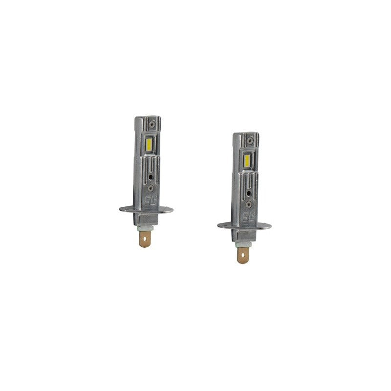 Pair of Diode Dynamics SL2 H1 white LED bulbs featuring a fanless metal housing and integrated heatsink.