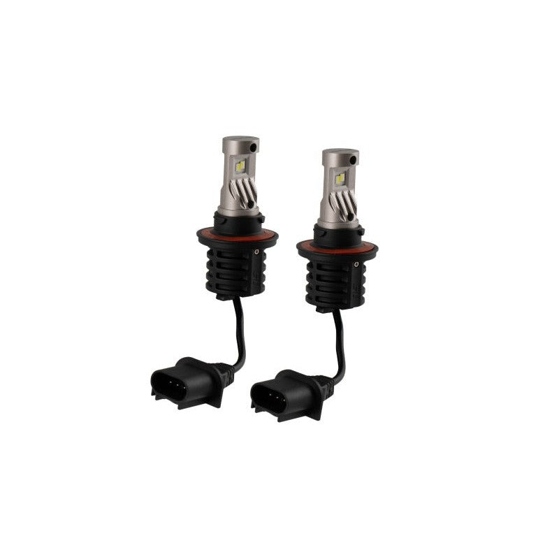 Pair of Diode Dynamics SL2 H13 white LED bulbs featuring metal heatsinks and compact internal drivers.