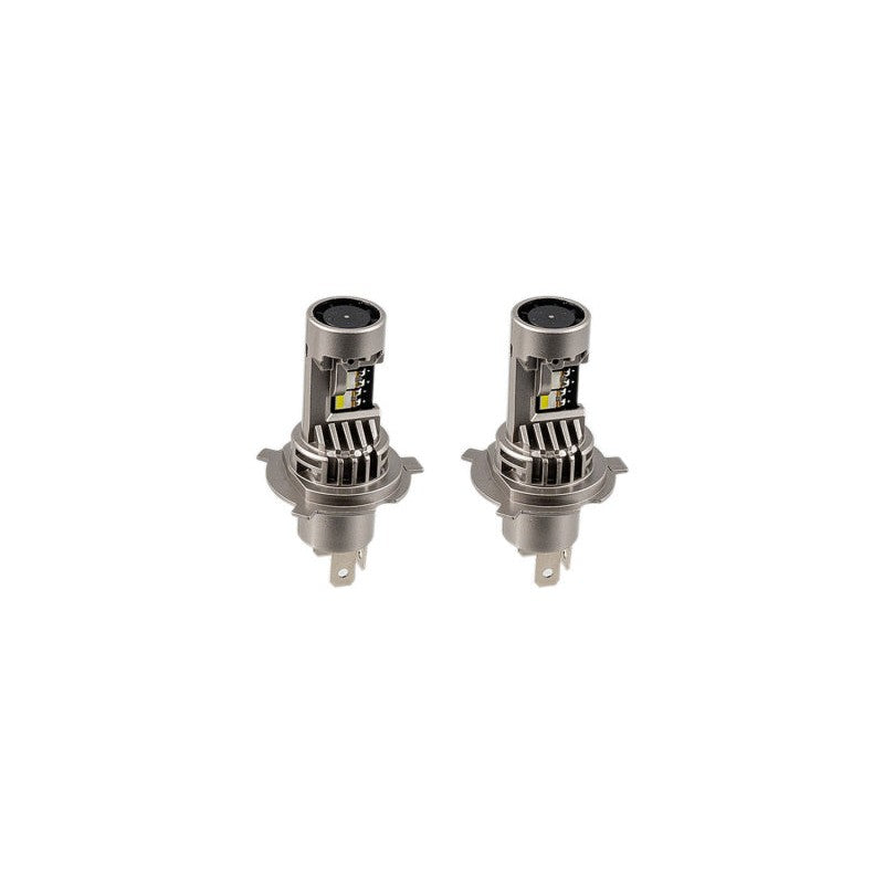 Pair of Diode Dynamics SL2 Pro H4 white LED bulbs showing the integrated cooling fan and compact wire-free design.