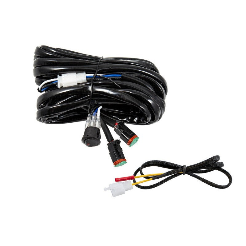 Diode Dynamics DD4045 heavy-duty dual output harness featuring 14AWG wiring, Deutsch DT connectors, and a toggle switch.