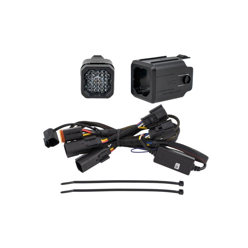 Diode Dynamics C1R LED pod mounted in a black snap-fit hitch receiver bracket with plug-and-play wiring harness.