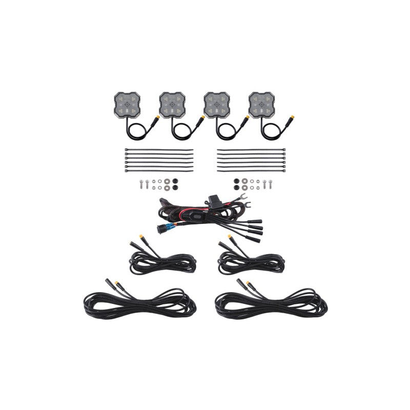 Diode Dynamics Stage Series dual-color Red/White LED rock light 4-pack with integrated lenses and M8 center bolts.