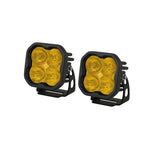 Pair of Diode Dynamics SS3 Pro 3-inch LED pods featuring selective yellow lenses and amber backlighting.
